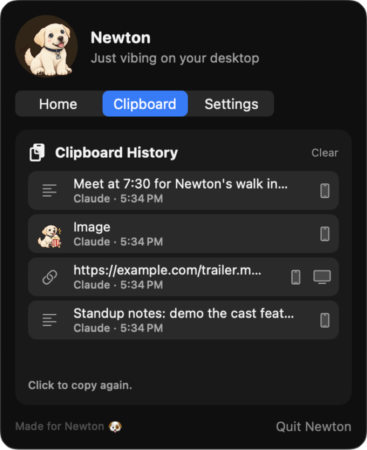 Newton's clipboard history list with notes, a link and an image
