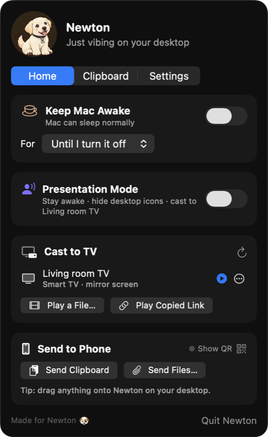 Newton's menu bar panel with Keep Mac Awake, Presentation Mode, Cast to TV and Send to Phone